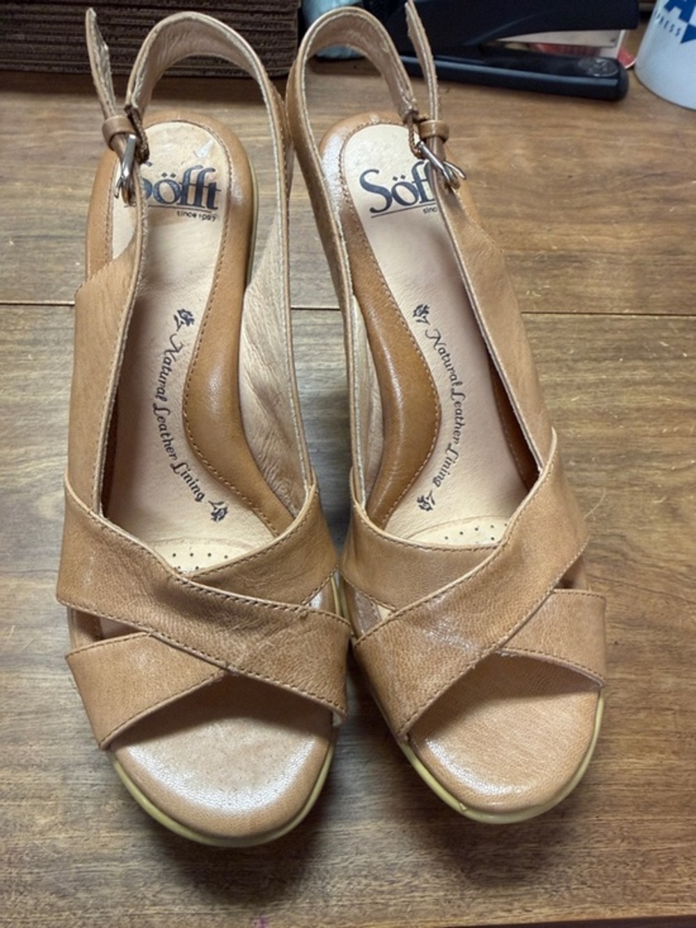 Sofft Tan Leather Crisscross Slingback Heels
